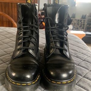 Dr. Martens Black Leather Lace-Up Combat Boots with Yellow Welt